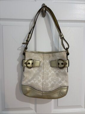 Coach Cream and Gold Signature Canvas Shoulder Bag